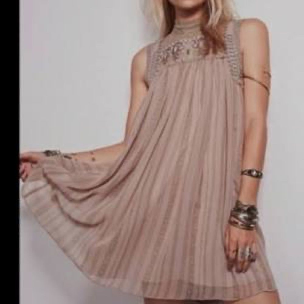 Free People Babylon Penny Georgette Sleeveless Taupe Babydoll Dress Sz S